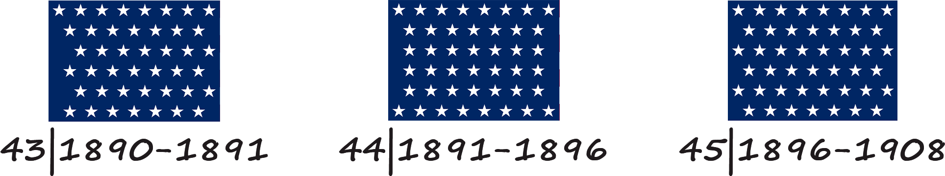 Drapeau des États-Unis d'Amérique avec 43, 44 et 45 étoiles